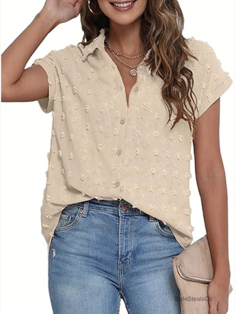 Oversized V-Neck Button Down Blouse Loose Fit Chiffon Summer Top
